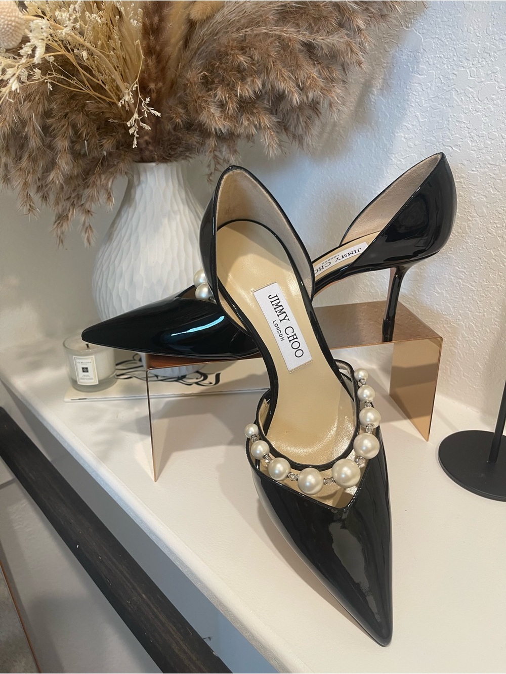 Jimmy Choo Black Patent Leather Pearl-Strap Pointed Slingback Heels - Picture 2 of 11
